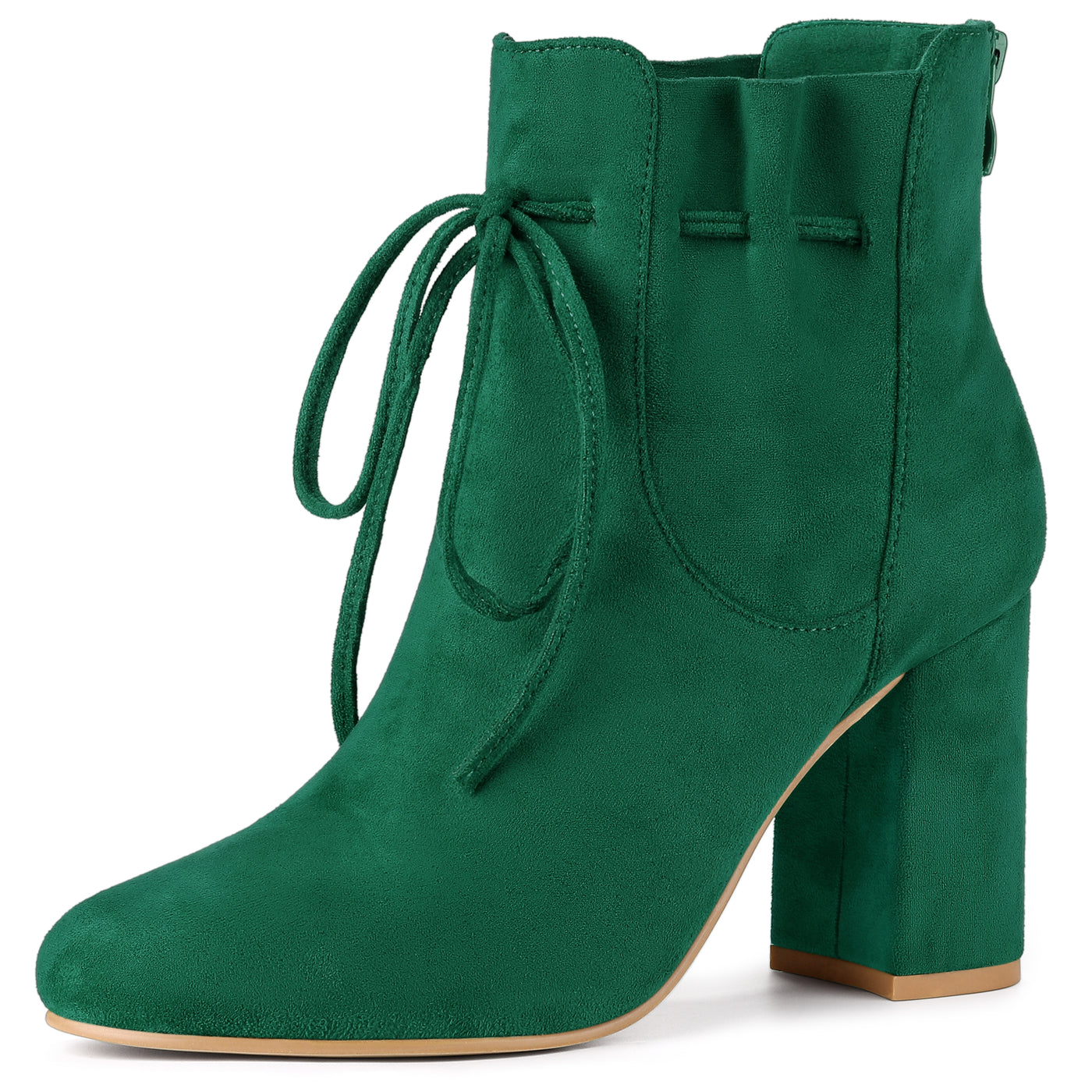 Allegra K Lace Up Round Toe Drawstring Block Heel Ankle Boots