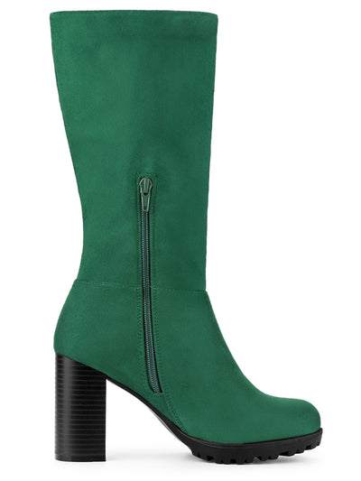 Faux Suede Mid Calf Block Heel Side Zipper Mid-Calf Boots