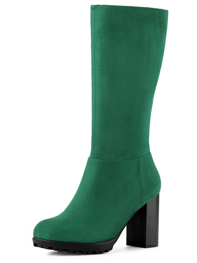 Faux Suede Mid Calf Block Heel Side Zipper Mid-Calf Boots