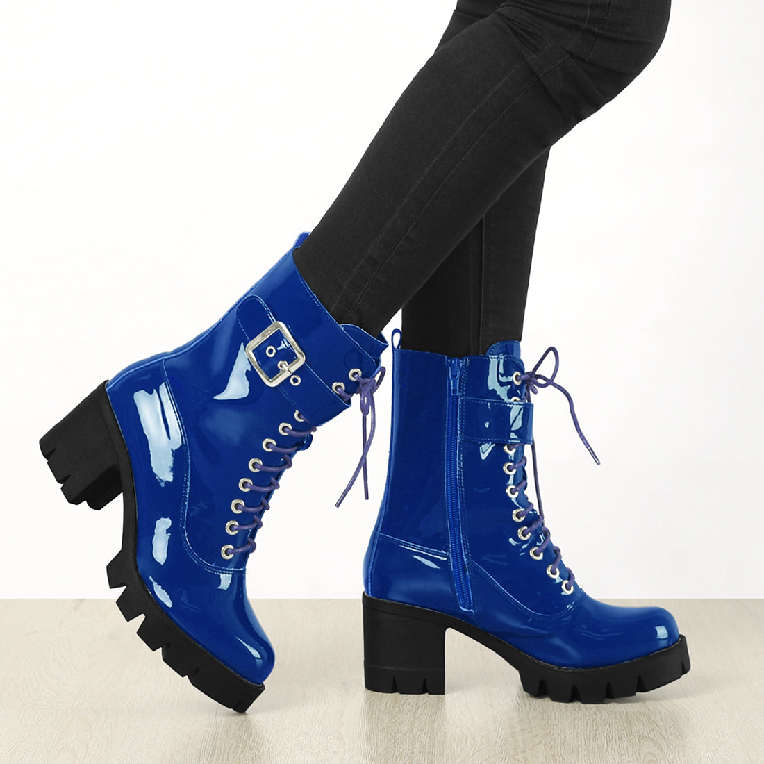 Allegra K Women's Zip Platform Chunky Heel Combat Boots