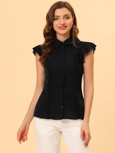 Ruffle Cap Sleeve Tie Neck Button Up Peter Pan Collar Blouse