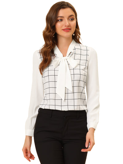 Work Plaid Contrast Color Bow Tie Neck Long Sleeve Blouse