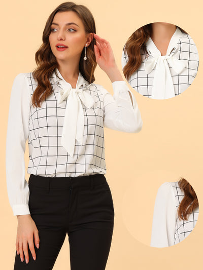 Work Plaid Contrast Color Bow Tie Neck Long Sleeve Blouse