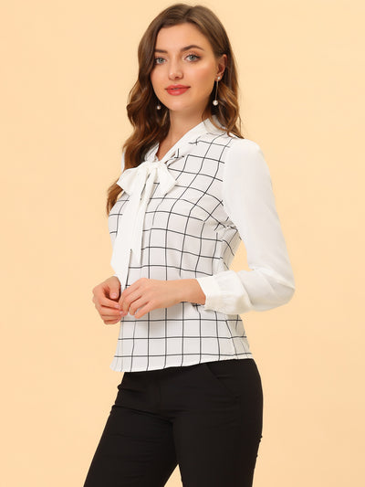 Work Plaid Contrast Color Bow Tie Neck Long Sleeve Blouse