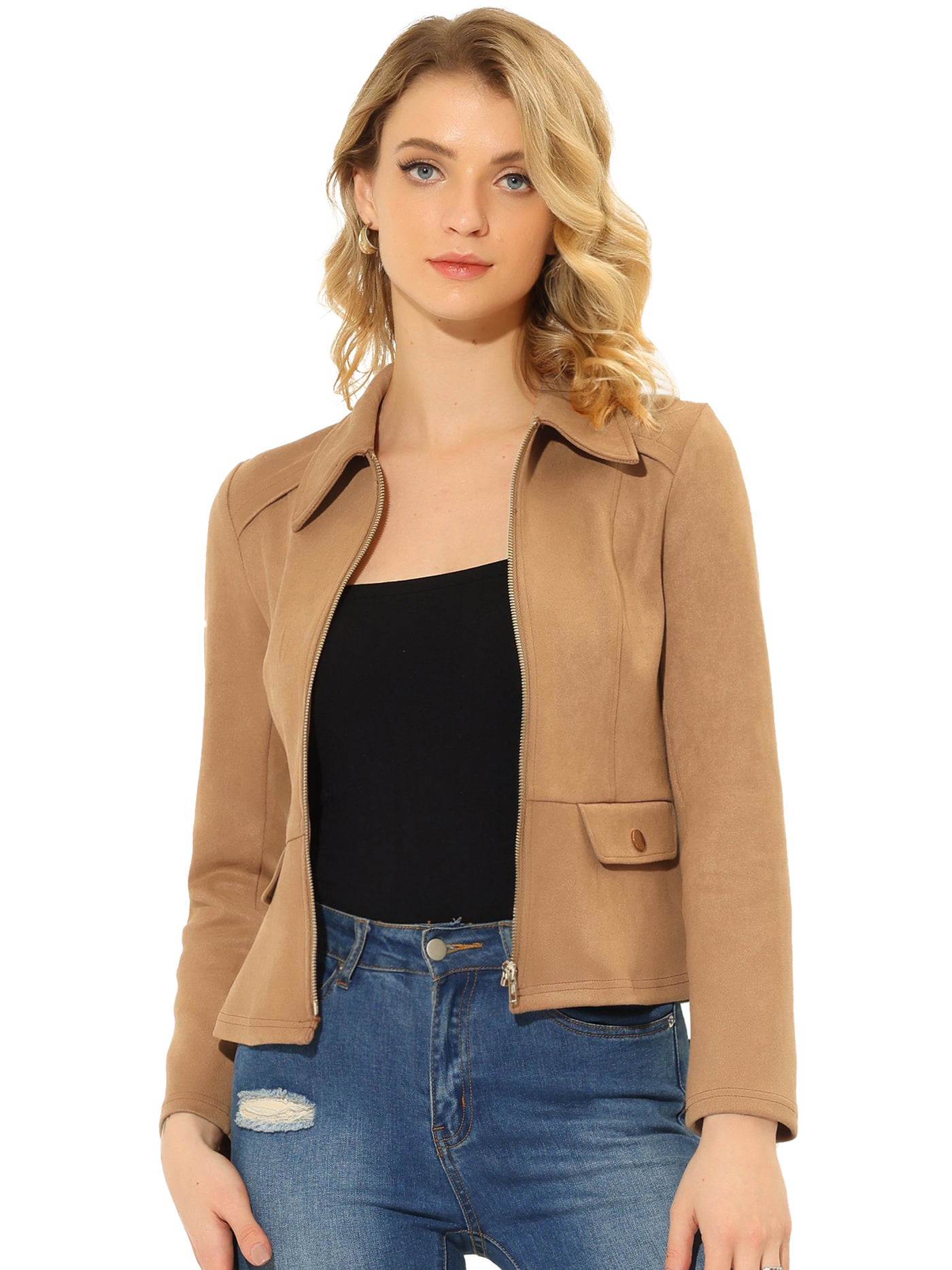 Allegra K Faux Suede Jacket Short Zip Up Motorcycle Biker Coat