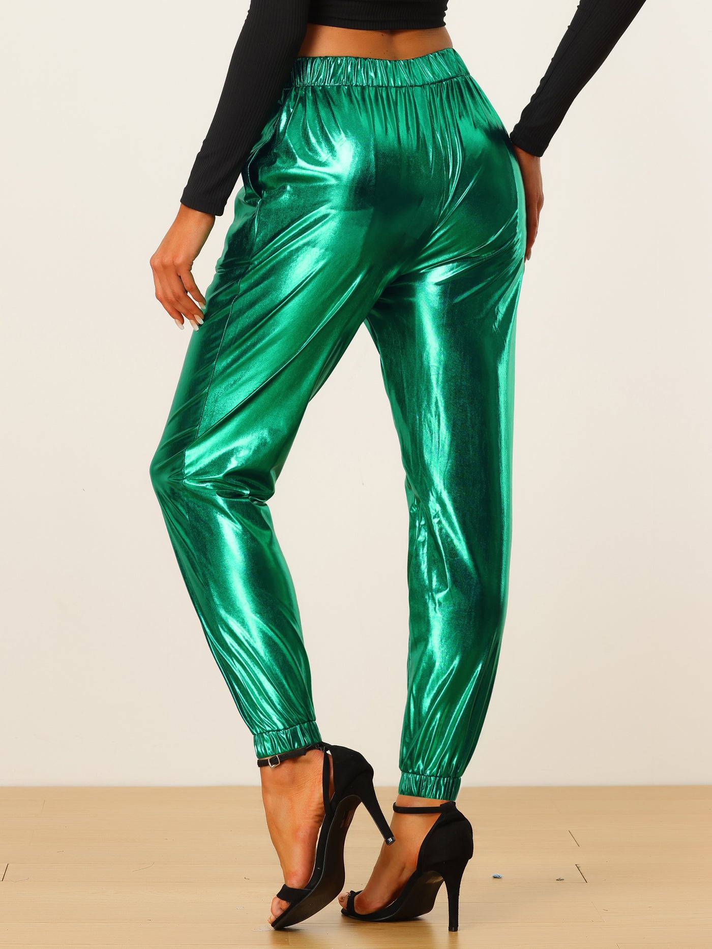 Allegra K Metallic Trousers Shiny Sparkle Elastic Waist Holographic Pants