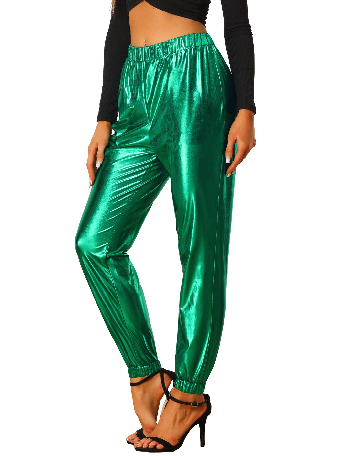Womens Shiny Metallic Tights Pants Holographic High Waisted Stretch  Trousers