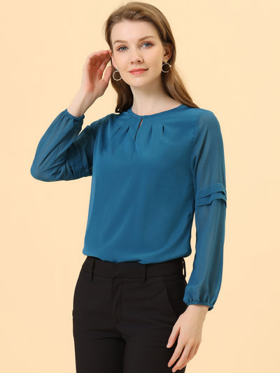 Chiffon Shirt Semi Sheer Keyhole Neck Elegant Work Blouse