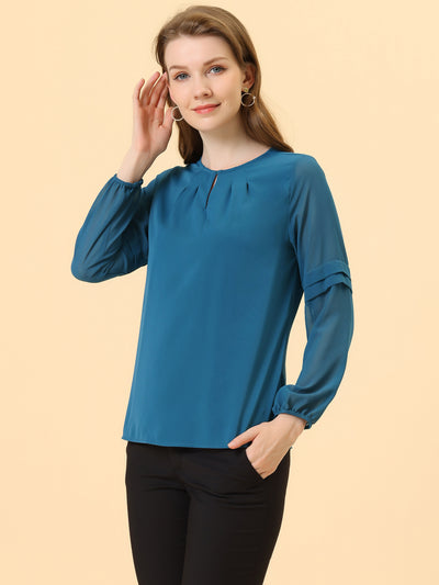 Chiffon Shirt Semi Sheer Keyhole Neck Elegant Work Blouse