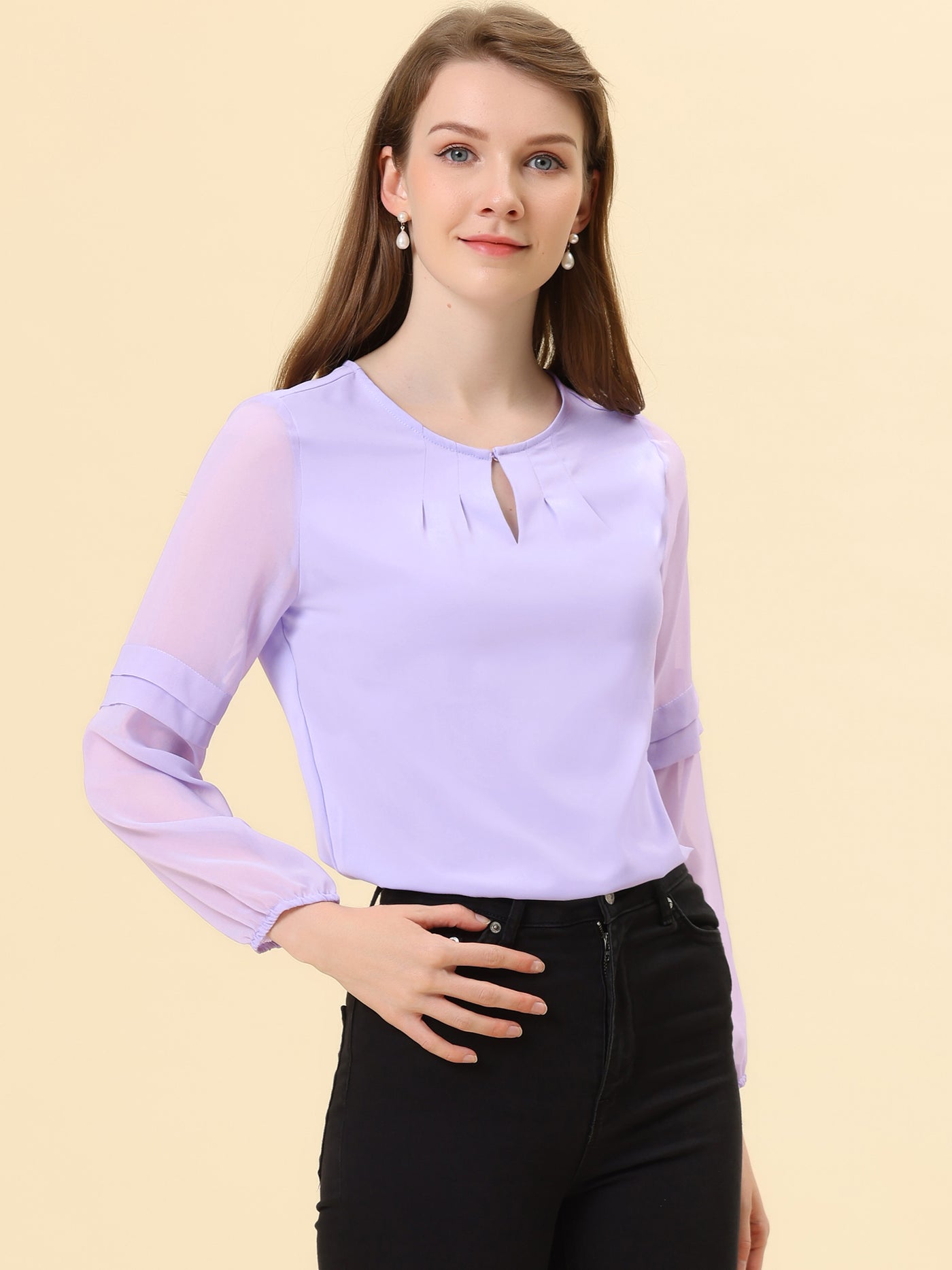 Allegra K Chiffon Shirt Semi Sheer Keyhole Neck Elegant Blouse