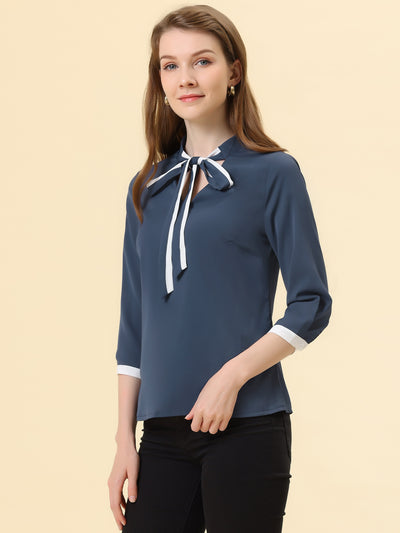 Office Blouse Bow Tie V Neck 3/4 Sleeve Elegant Chiffon Work Tops