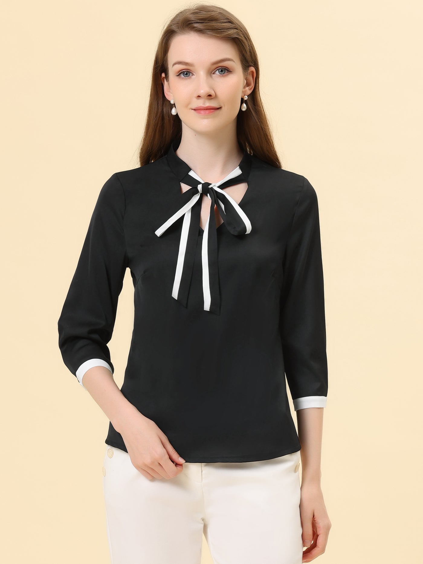 Allegra K Office Blouse Bow Tie V Neck 3/4 Sleeve Elegant Chiffon Work Tops