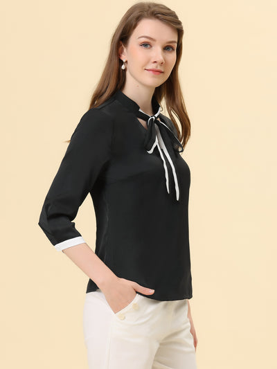 Office Blouse Bow Tie V Neck 3/4 Sleeve Elegant Chiffon Work Tops