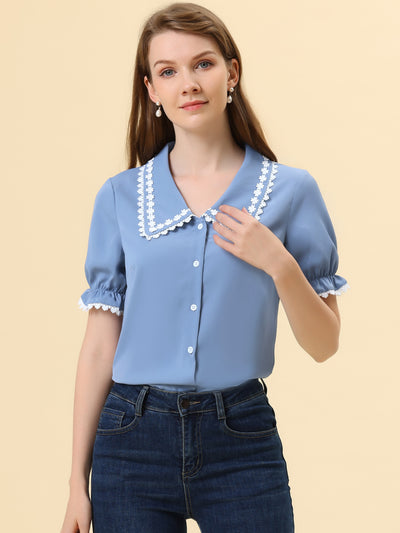 Sweet Peter Pan Contrast Collar Short Sleeve Button Up Blouse Tops