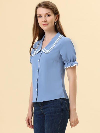 Sweet Peter Pan Contrast Collar Short Sleeve Button Up Blouse Tops