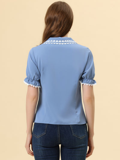 Sweet Peter Pan Contrast Collar Short Sleeve Button Up Blouse Tops