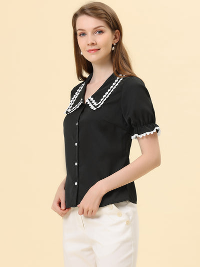 Sweet Peter Pan Contrast Collar Short Sleeve Button Up Blouse Tops