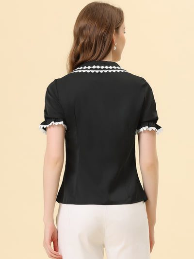 Sweet Peter Pan Contrast Collar Short Sleeve Button Up Blouse Tops