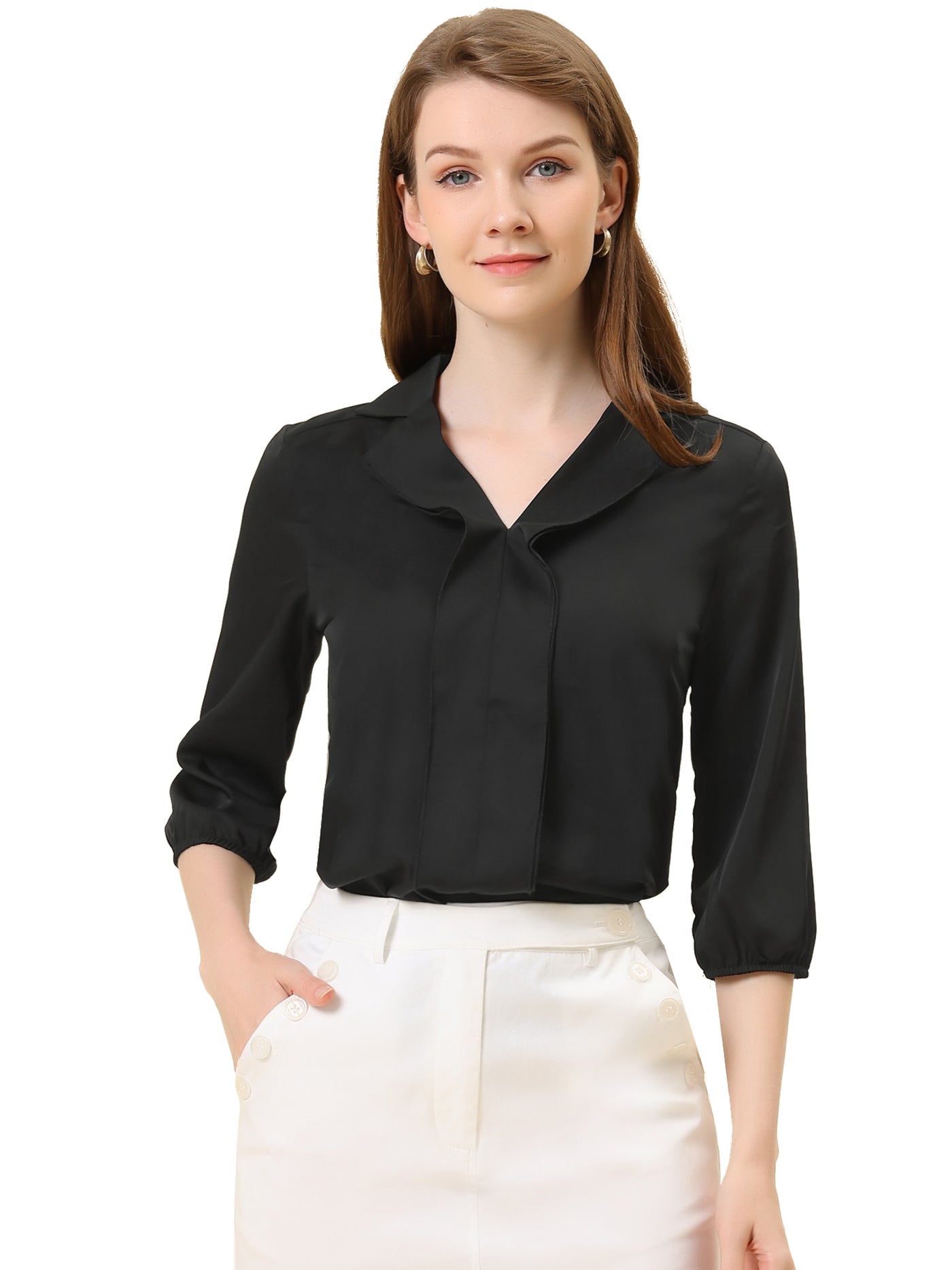 Allegra K V Neck 3/4 Sleeve Collared Work Office Top Blouse