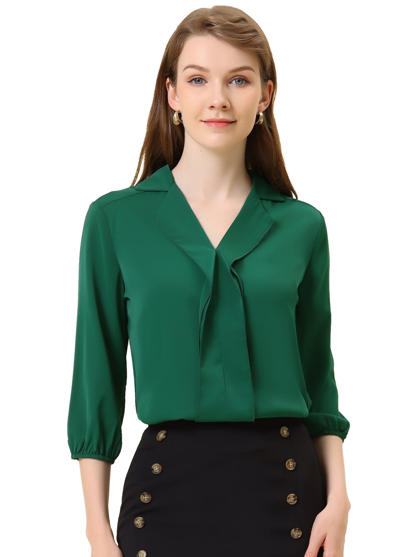 Allegra K V Neck 3/4 Sleeve Collared Work Office Top Blouse