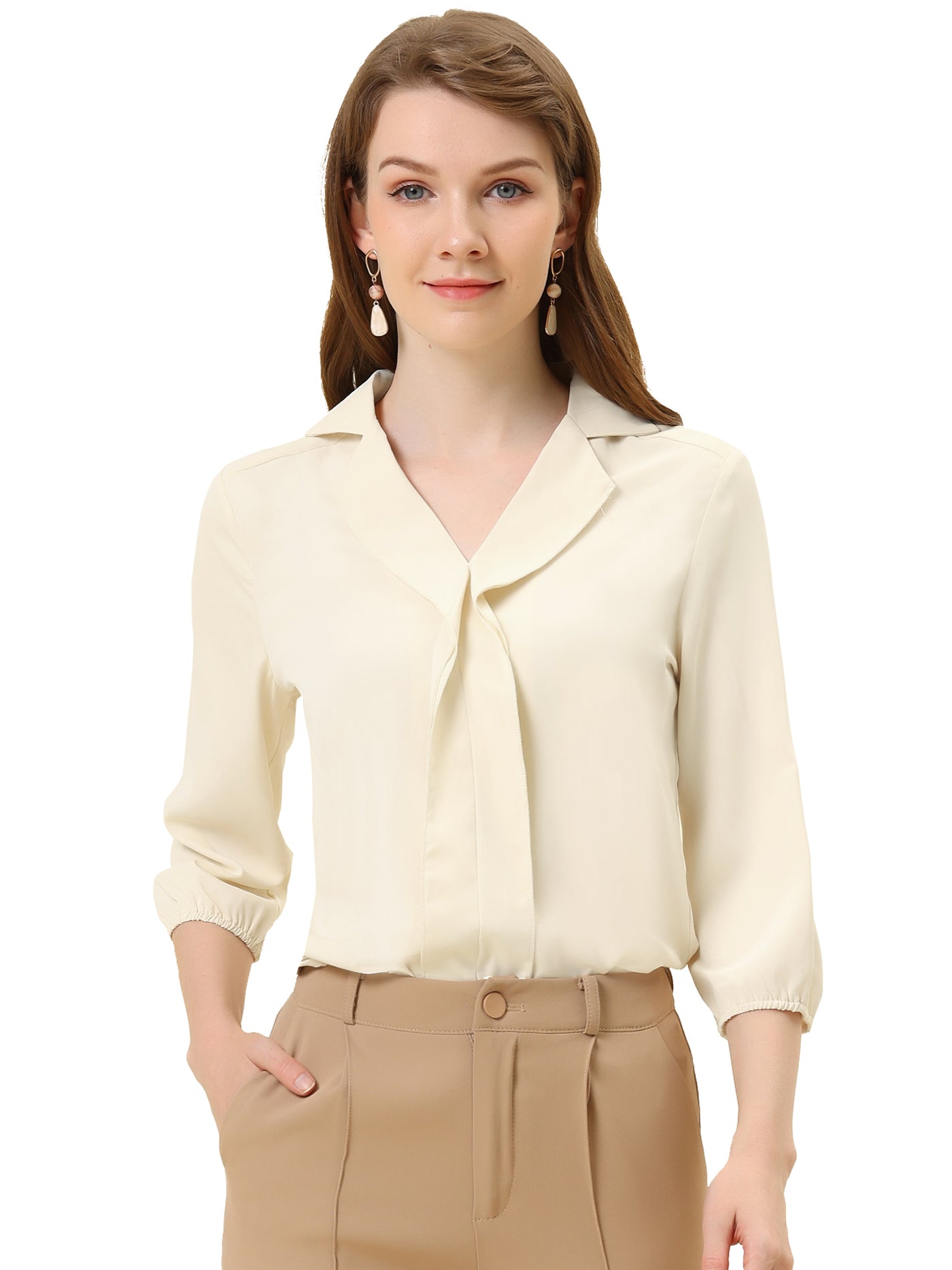 Allegra K V Neck 3/4 Sleeve Collared Work Office Top Blouse