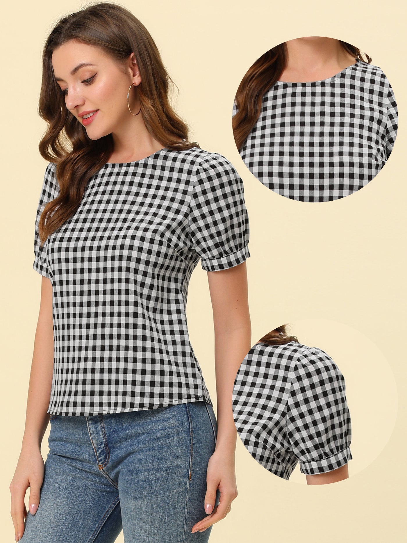 Allegra K Vintage Blouse Plaid Crew Neck Puff Sleeve Casual Gingham Tops