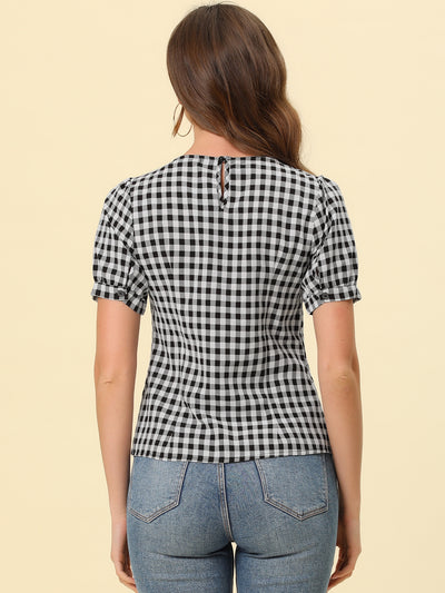 Vintage Blouse Plaid Crew Neck Puff Sleeve Casual Gingham Tops