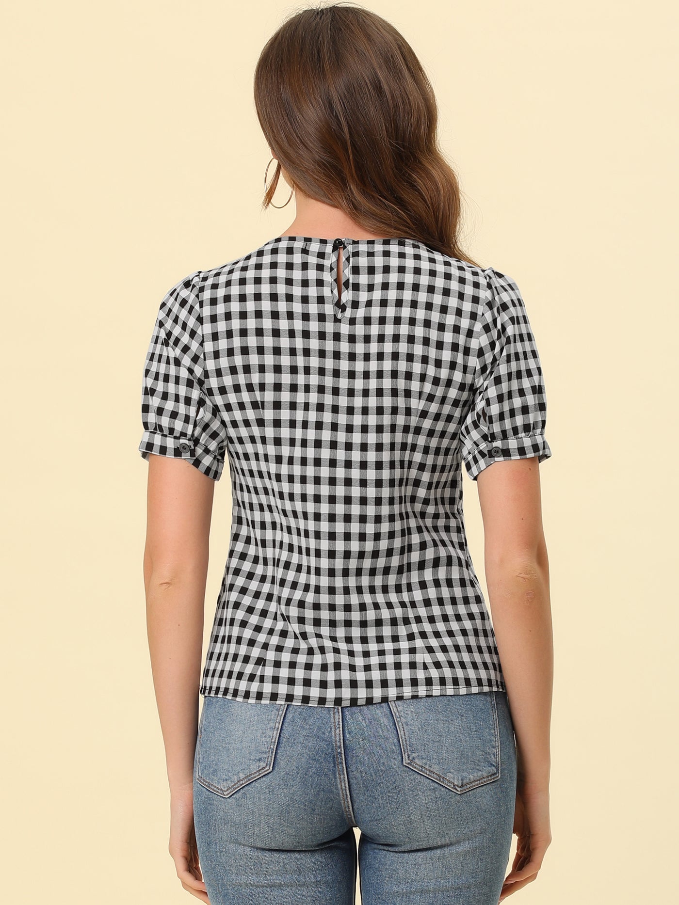 Allegra K Vintage Blouse Plaid Crew Neck Puff Sleeve Casual Gingham Tops