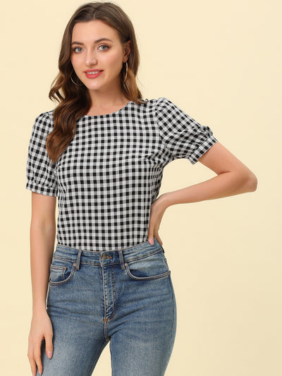 Vintage Blouse Plaid Crew Neck Puff Sleeve Casual Gingham Tops