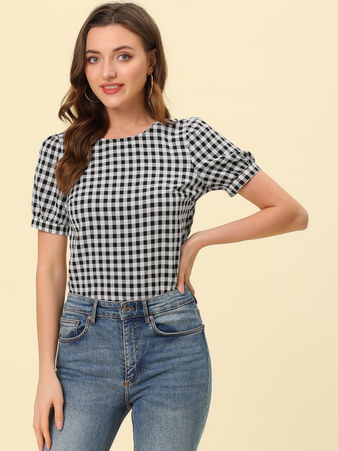 Allegra K Vintage Blouse Plaid Crew Neck Puff Sleeve Casual Gingham Tops