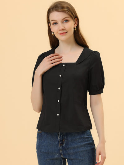 Peasant Square Neck Pearl Button Decor Casual Elegant Top