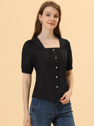 Peasant Square Neck Pearl Button Decor Casual Elegant Top