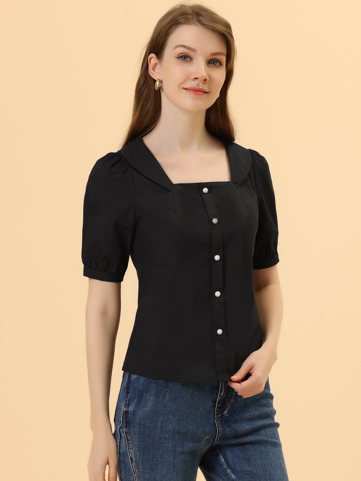 Allegra K Peasant Square Neck Pearl Button Decor Casual Elegant Top