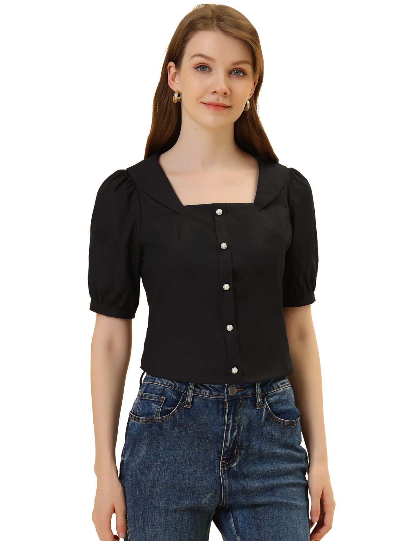 Allegra K Peasant Square Neck Pearl Button Decor Casual Elegant Top