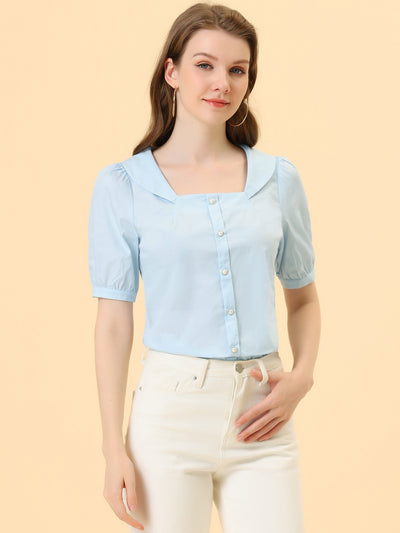 Peasant Square Neck Pearl Button Decor Casual Elegant Top