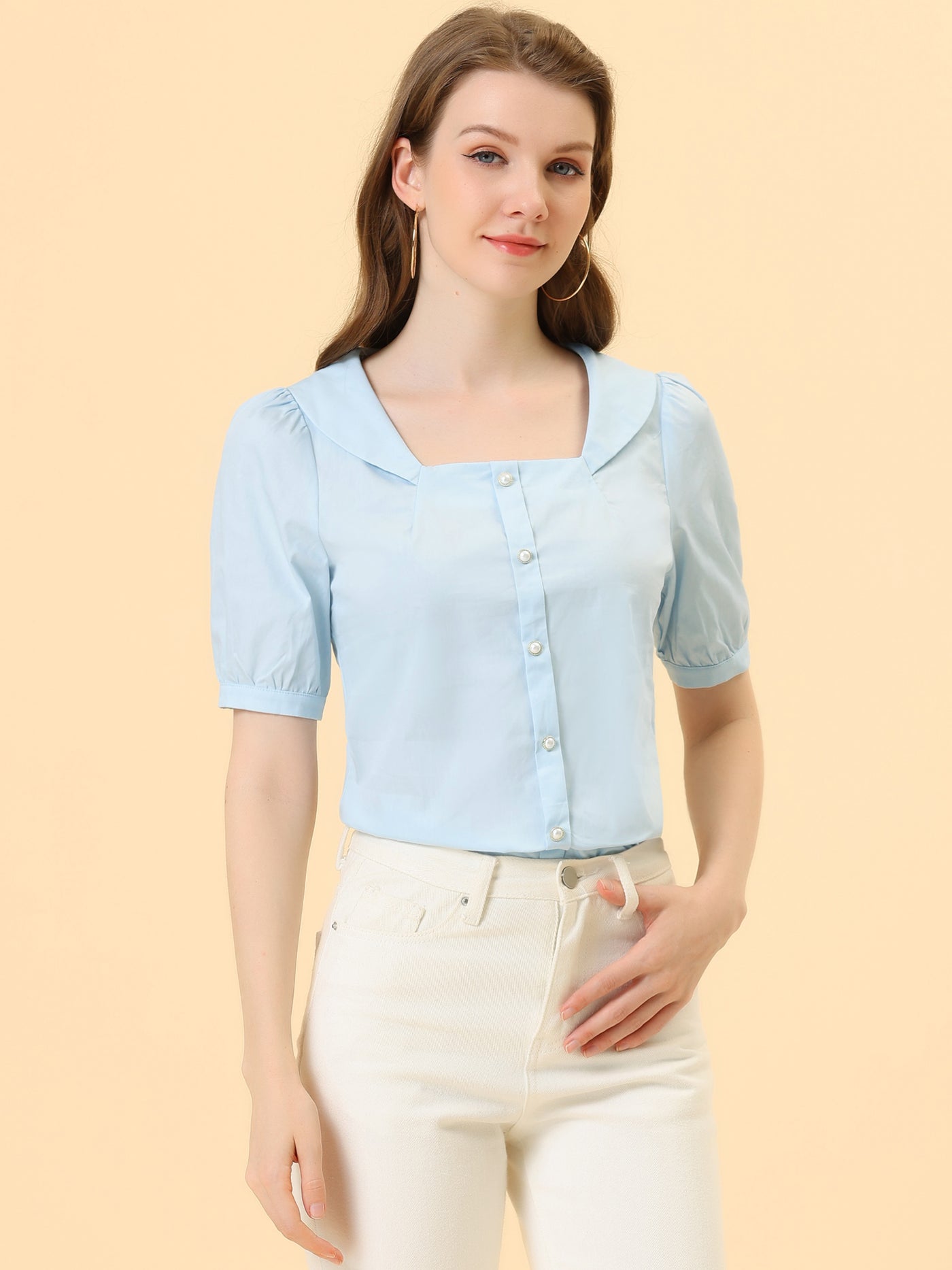 Allegra K Peasant Square Neck Pearl Button Decor Casual Elegant Top