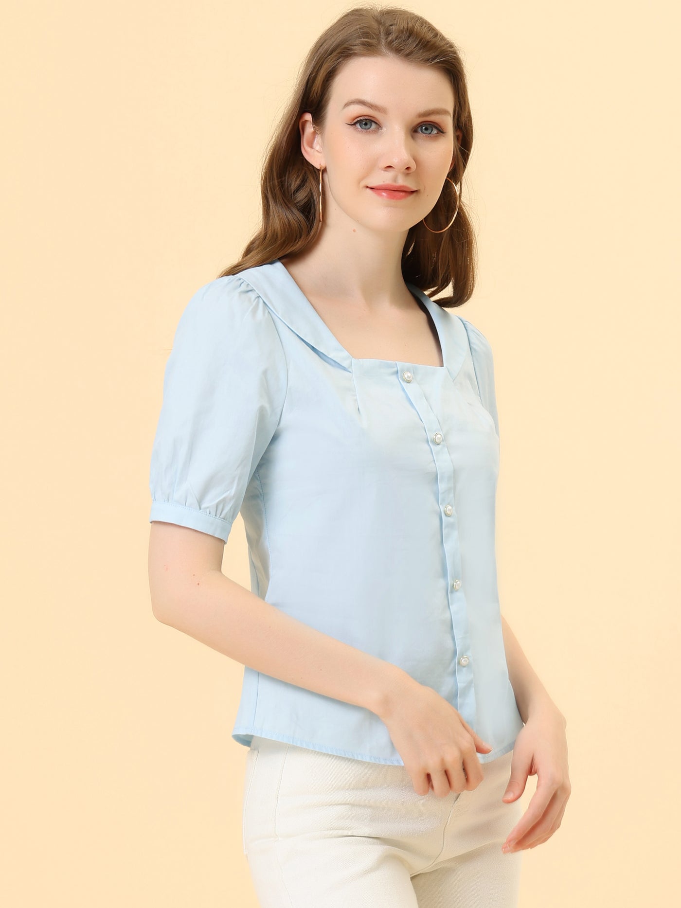 Allegra K Peasant Square Neck Pearl Button Decor Casual Elegant Top