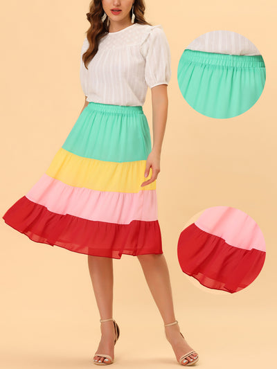 Tiered High Waist Contrast Chiffon Color Block Skirt