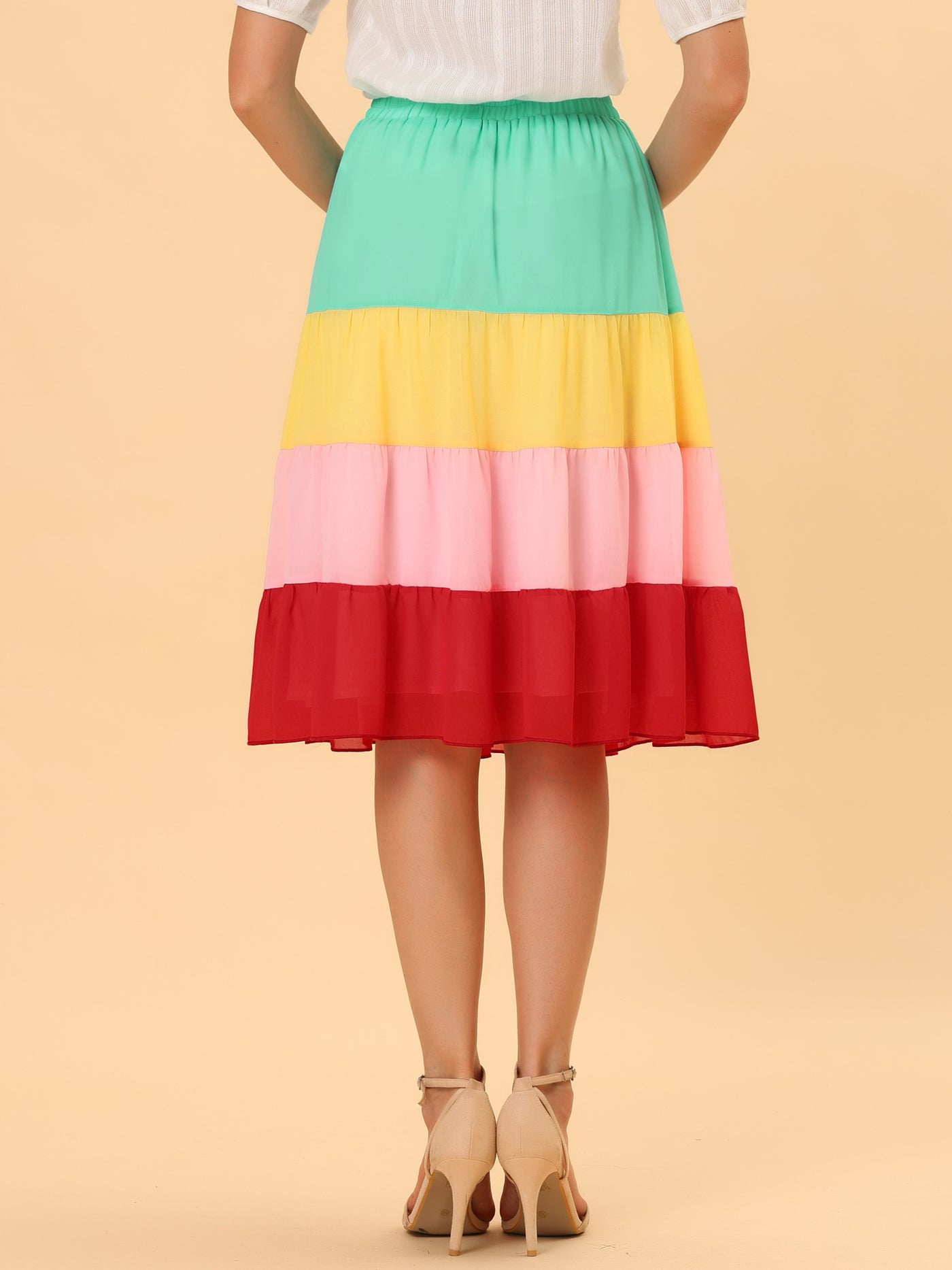 Allegra K Tiered High Waist Contrast Chiffon Color Block Skirt