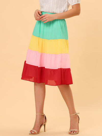 Tiered High Waist Contrast Chiffon Color Block Skirt