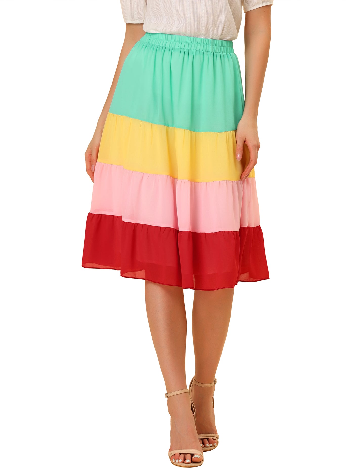 Allegra K Tiered High Waist Contrast Chiffon Color Block Skirt