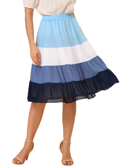 Tiered High Waist Contrast Chiffon Color Block Skirt