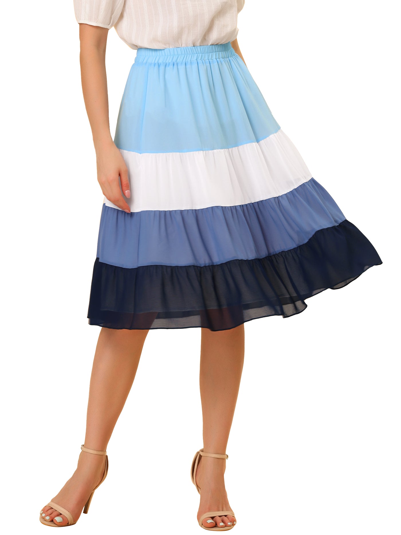 Allegra K Tiered High Waist Contrast Chiffon Color Block Skirt