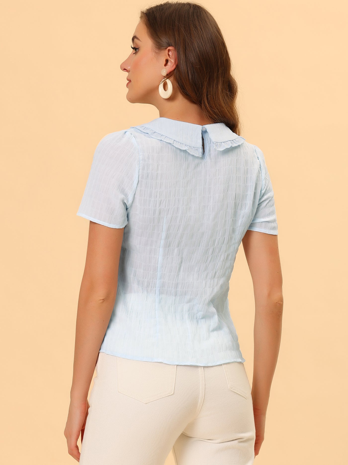 Allegra K Peter Pan Collar Tops Tie Neck Ruffle Blouse