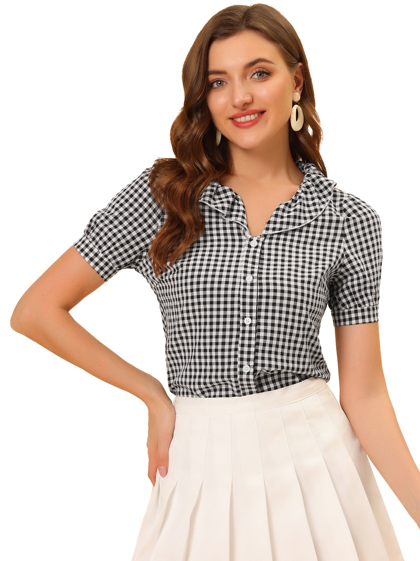 Allegra K Plaid Blouse Puff Sleeve Ruffle Peter Pan Collar Shirt Top