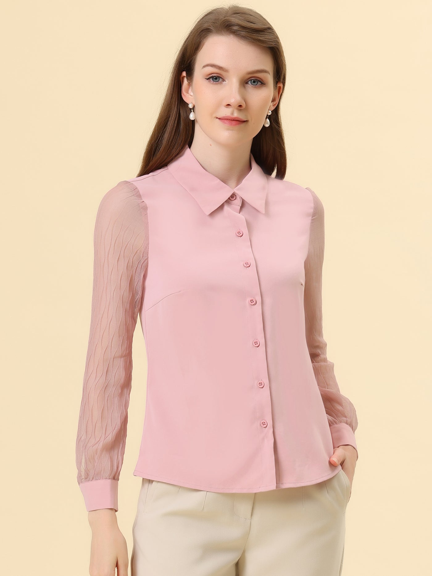 Allegra K Button Down Shirt Sheer Sleeve Point Collar Work Tops