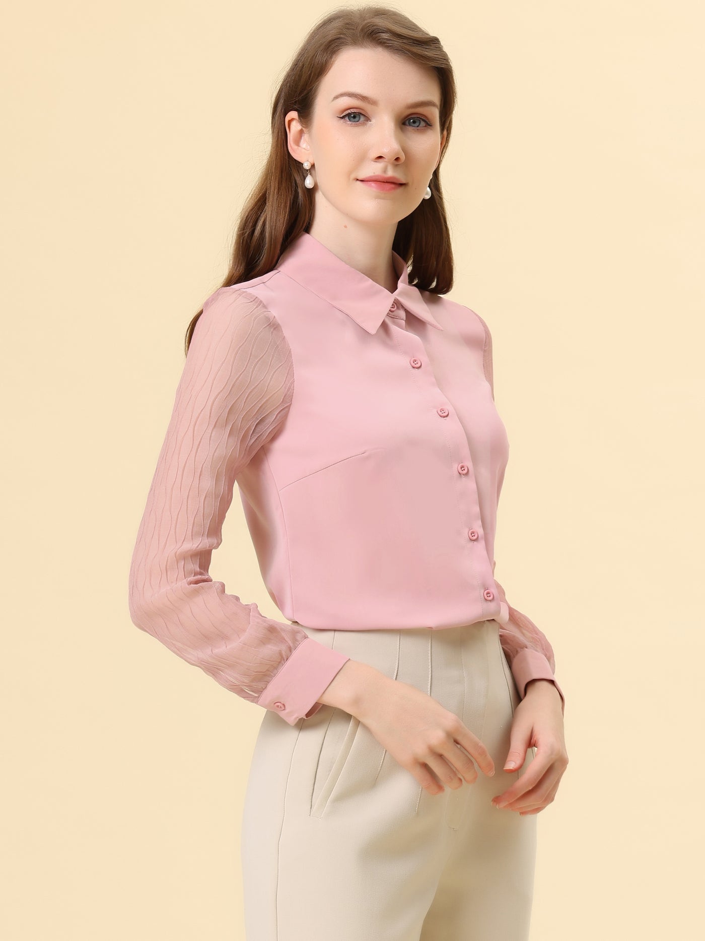 Allegra K Button Down Shirt Sheer Sleeve Point Collar Work Tops