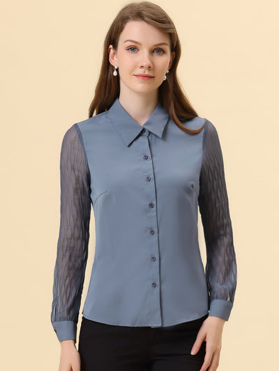 Allegra K Button Down Shirt Sheer Sleeve Point Collar Work Tops