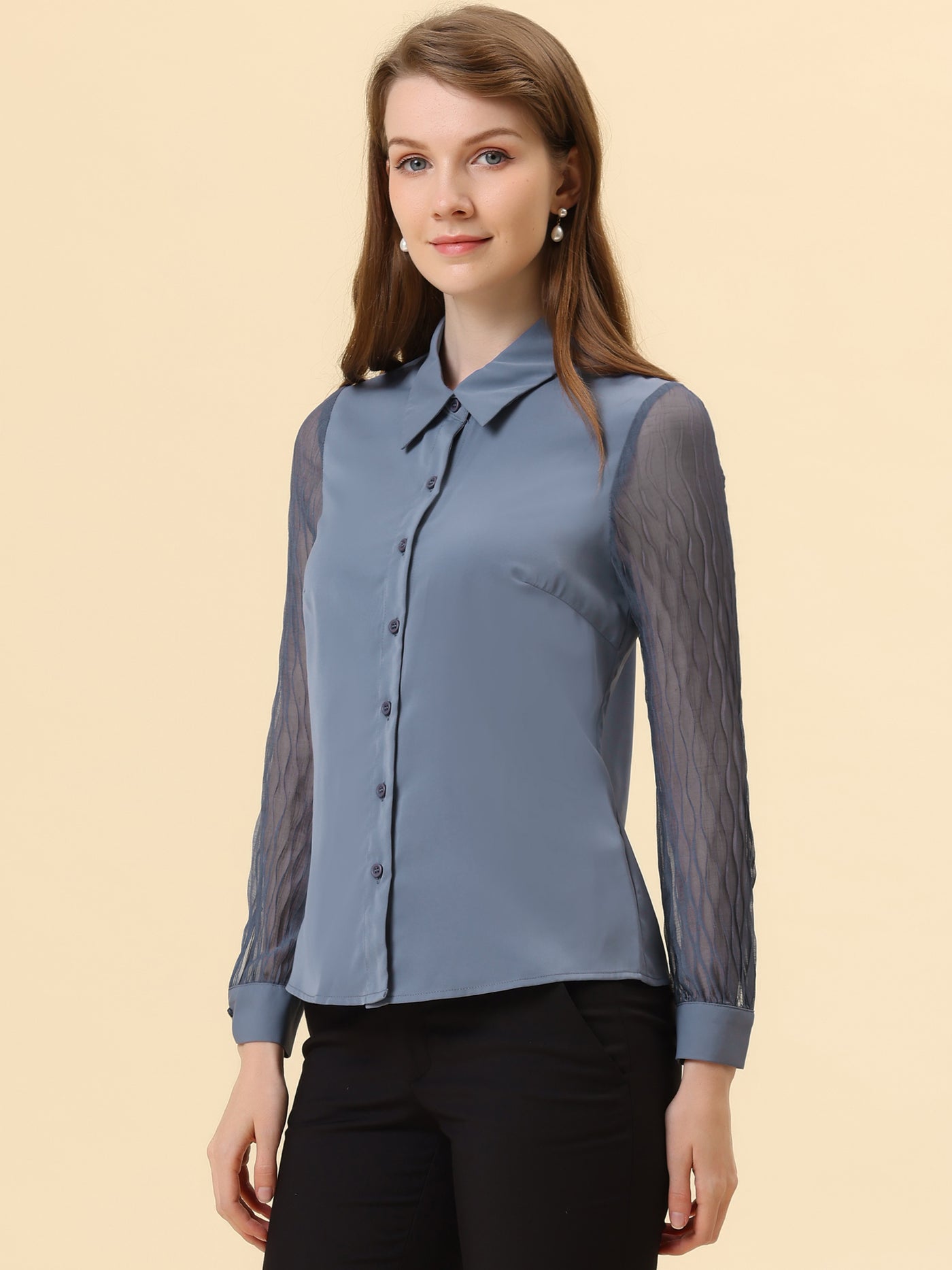 Allegra K Button Down Shirt Sheer Sleeve Point Collar Work Tops