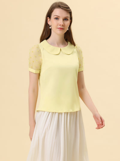 Peter Pan Collar Puff Mesh Short Sleeve Polka Dot Blouse